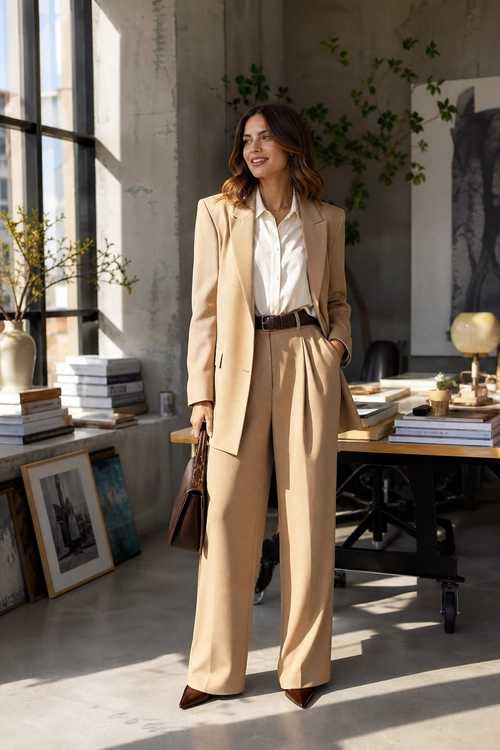 Woman wearing a beige blazer with a white button-up shirt, pleated wide-leg trousers, dark belt, pointed shoes, and a structured handbag.