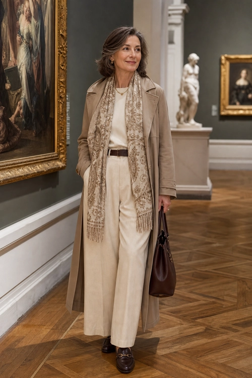 Elegant Beige Trench Coat Outfit A woman wears a beige trench coat over a cream sweater and wide-leg trousers with a patterned scarf, dark loafers, and a brown handbag.