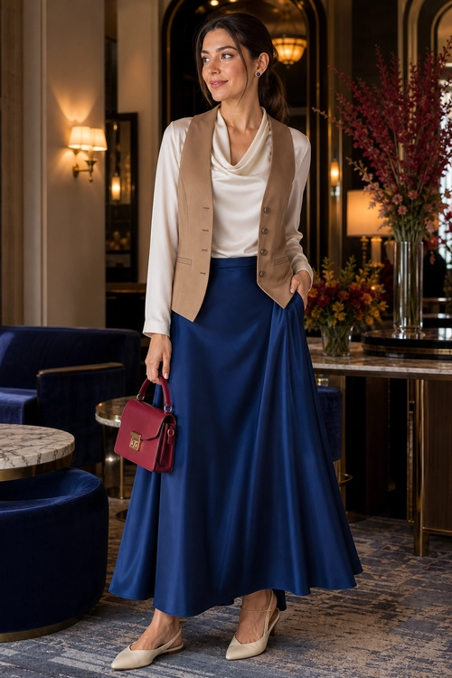 A woman wearing a beige button-front vest over an ivory draped blouse with a flowing navy skirt, beige flats, and a burgundy handbag.