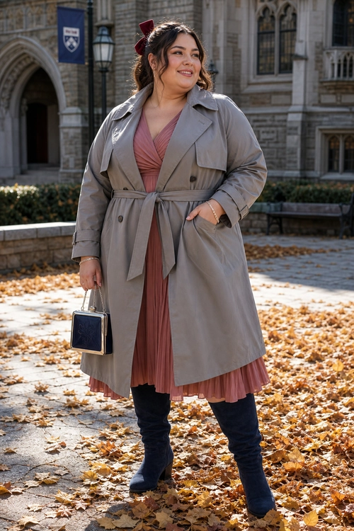 Belted Trench Coat with Pleated Dress A woman wears a gray belted trench coat over a dusty rose pleated dress with dark over-the-knee boots and a structured black handbag.