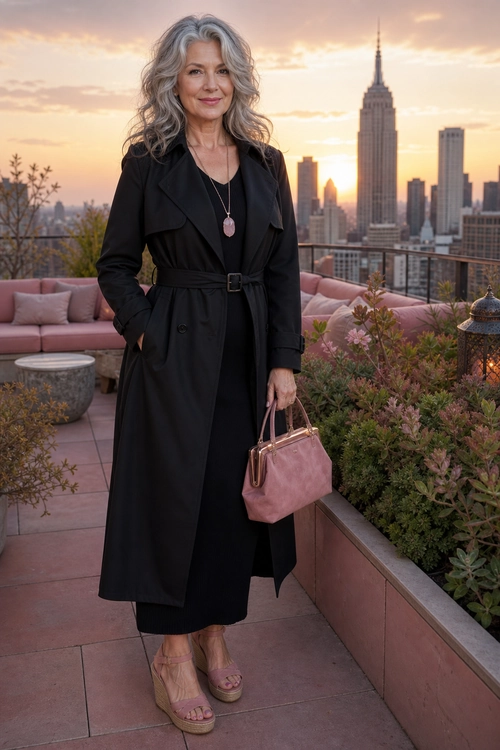 Black Belted Coat with Pink Accessories A woman wears a long black belted coat over a black dress with a pendant necklace, pink handbag, and pink wedge sandals.