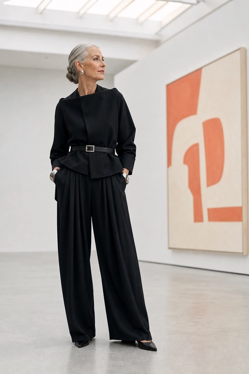 Black Belted Peplum Suit A woman wears a structured black long-sleeve peplum top with a slim belt, wide-leg trousers, and pointed shoes.