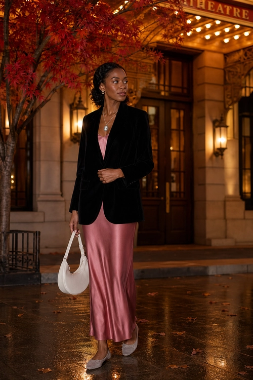 Black Blazer and Pink Maxi Dress A woman wears a black blazer over a long pink dress with light-colored heels and a white shoulder bag outside a theater.