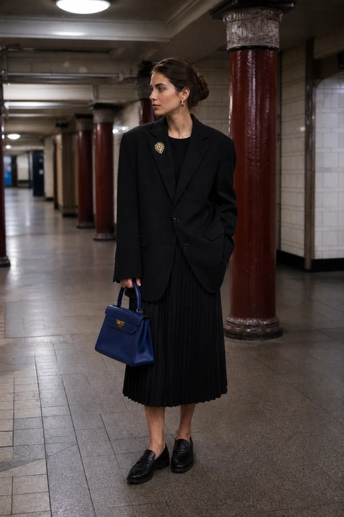 A woman wears a black blazer over a black top with a pleated midi skirt, black loafers, and a structured blue handbag.