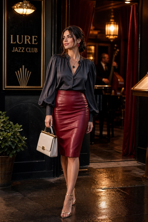 Elegant Blouse and Burgundy Pencil Skirt Outfit Woman wearing a dark satin blouse with a burgundy pencil skirt, strappy heels, and a structured cream handbag.