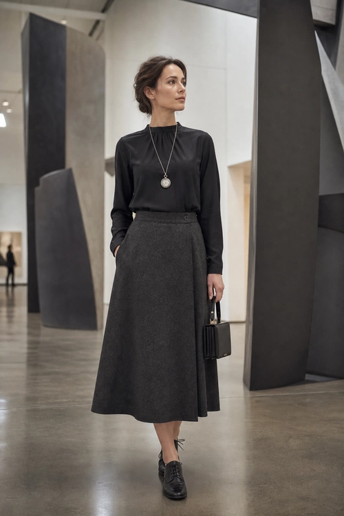 A black long-sleeve blouse and charcoal midi skirt styled with a pendant necklace, black handbag, and lace-up shoes.