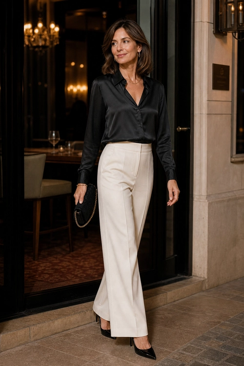 A woman wears a black satin button-front blouse with ivory wide-leg trousers, black pointed-toe heels, and a chain-strap clutch.