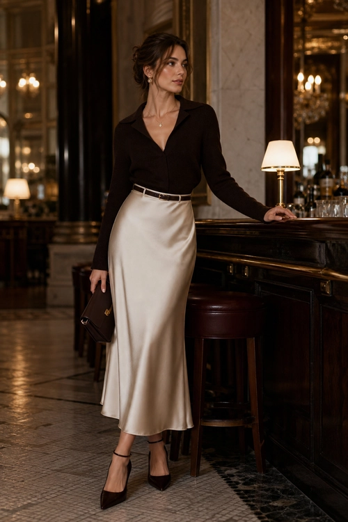A woman wears a black collared blouse with an ivory satin midi skirt, slim belt, dark clutch, and pointed ankle-strap heels.