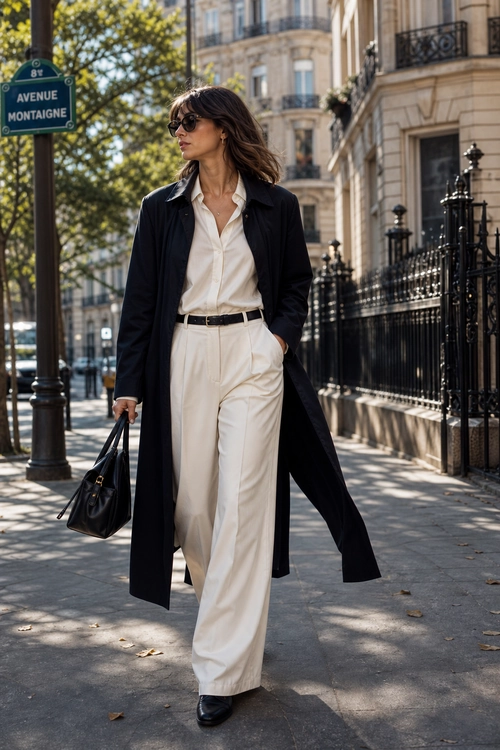 Black Coat and Cream Trousers A woman wears a long black coat over a cream blouse and wide-leg trousers with black sunglasses, a belt, handbag, and shoes.