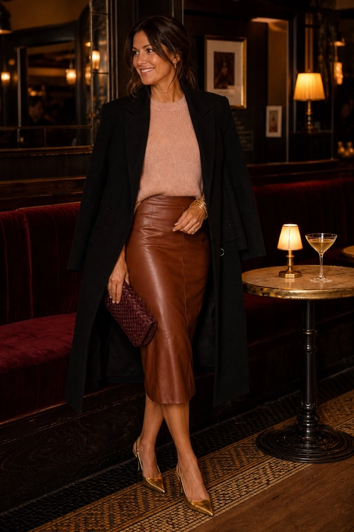 Woman wearing a long black coat over a blush pink sweater with a brown leather midi skirt, pointed pumps, and a burgundy clutch.