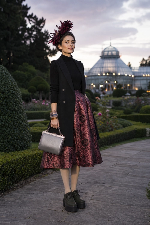 Black Coat and Patterned Midi Skirt A woman wears a black tailored coat over a burgundy patterned midi skirt with platform shoes, a metallic clutch, bracelets, and a dramatic feathered headpiece.