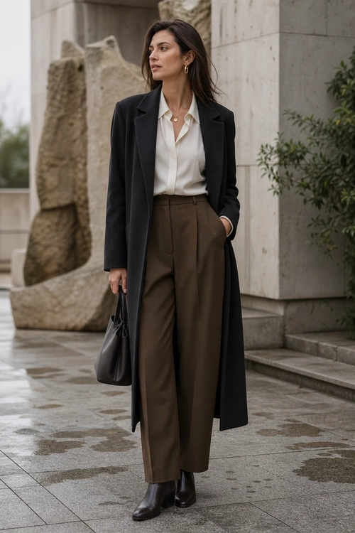 Black Coat and Tailored Trousers A woman wears a long black coat over a white blouse and brown tailored trousers with black ankle boots and a black handbag.
