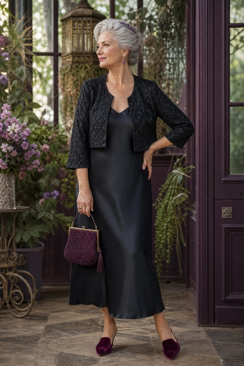 Black Dress with Plum Accessories A woman wears a long black dress with a textured cropped jacket, plum accessories, and matching pointed mules.