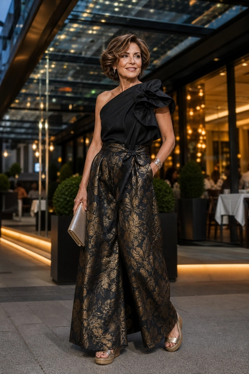 A woman wears a black one-shoulder top with a dramatic ruffle, black and gold floral wide-leg trousers, metallic sandals, and a matching clutch.
