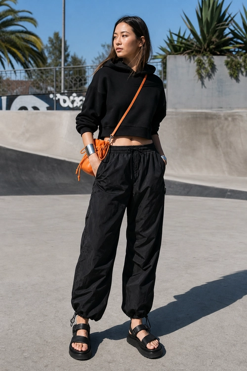 A person wears a black cropped hoodie, loose black jogger pants, black strappy sandals, and an orange crossbody bag outdoors.