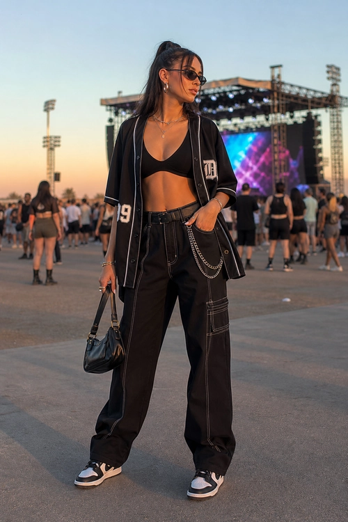 A black cropped jersey layered over a black crop top with wide-leg cargo pants, sneakers, sunglasses, and a handbag.