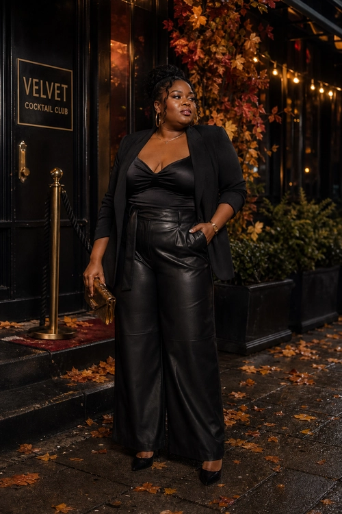 A woman wears a black blazer, ruched top, wide-leg leather-look trousers, and black heels while holding a gold clutch outside a cocktail club.