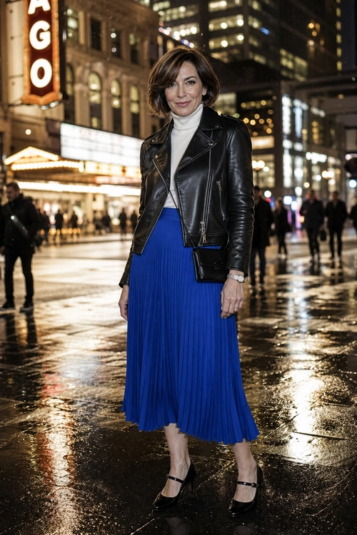 A woman wears a black leather moto jacket over a white turtleneck with a royal blue pleated midi skirt and black Mary Jane heels.