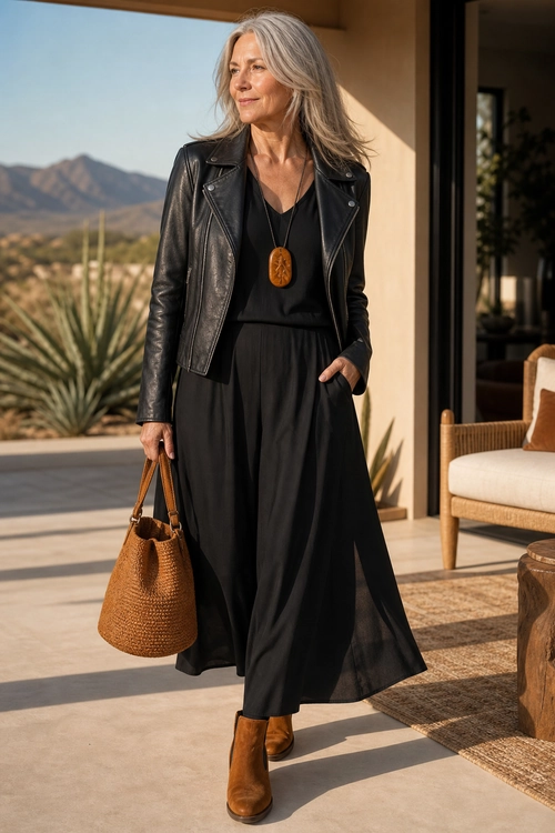 Black Leather Jacket and Maxi Dress Outfit A woman wears a black leather jacket over a flowing black maxi dress with brown ankle boots, a woven tote bag, and a pendant necklace.