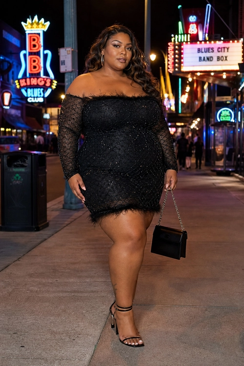 Black Off-Shoulder Night-Out Look A woman wears a black off-shoulder mini dress with sheer patterned sleeves, black strappy heels, hoop earrings, and a chain-handle handbag on a lively nightlife street.