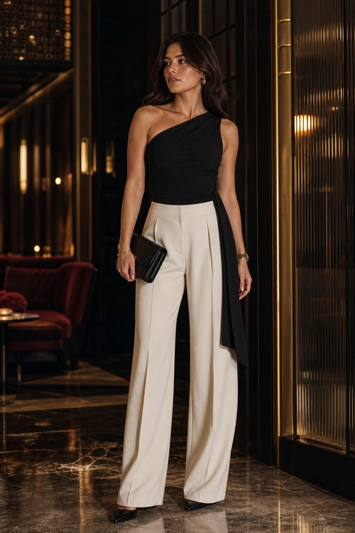 A woman wears a black one-shoulder top with an asymmetrical drape, cream wide-leg trousers, black pointed shoes, and a black clutch.