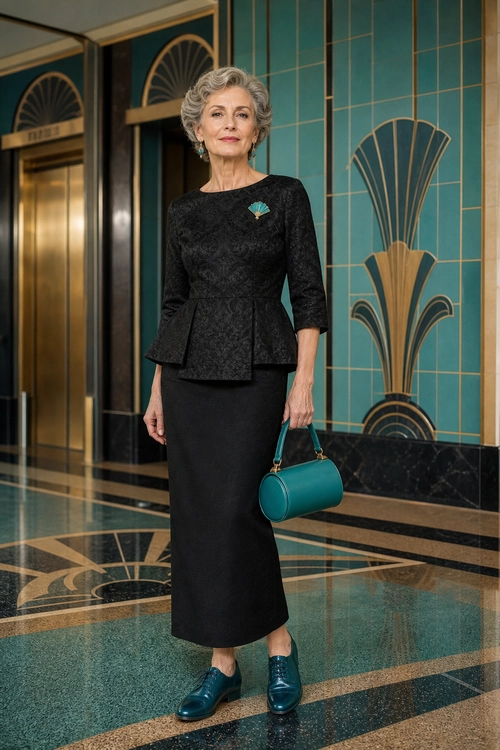 Black Peplum Skirt Suit with Teal Accessories A woman wears a black textured peplum top and long skirt with a turquoise brooch, teal handbag, and matching loafers.