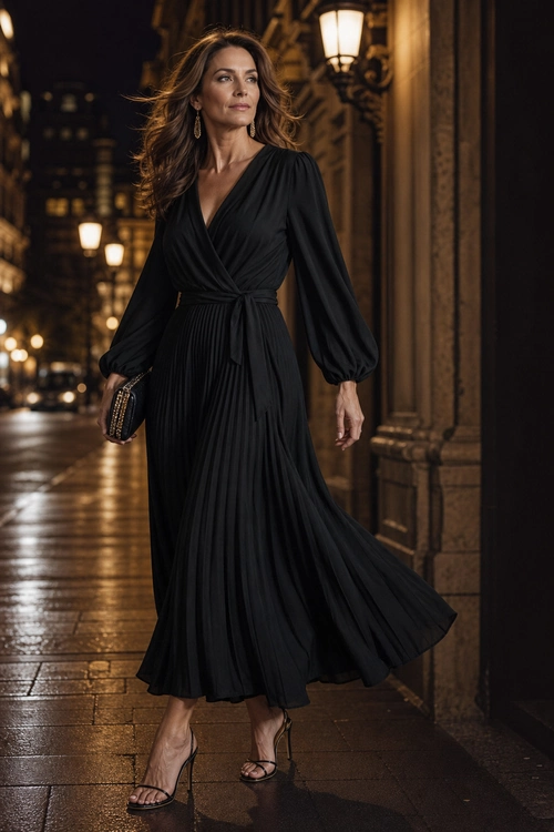 Woman wearing a long black pleated wrap dress with voluminous sleeves, strappy heels, drop earrings, and a small clutch on a city street at night.