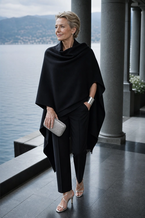 Black Poncho Evening Look Elegant black draped poncho styling with tailored trousers, silver strappy sandals, a metallic clutch, and statement jewelry.