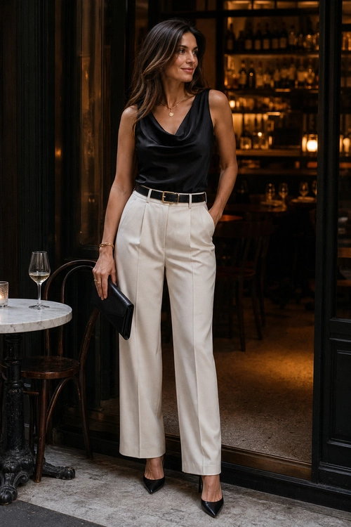A woman wears a black sleeveless satin cowl-neck top with cream high-waisted trousers, a black belt, black pointed heels, and a black clutch.