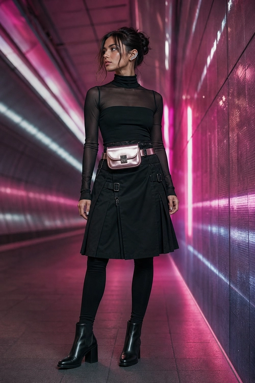 A woman wears a black sheer mock-neck top, utility skirt, tights, ankle boots, and a blush pink belt bag.