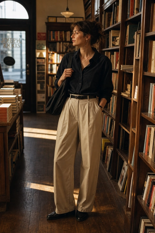 Black Shirt and Wide-Leg Trousers A person wears a black button-up shirt with beige high-waisted wide-leg trousers, black shoes, and a black shoulder bag in a bookstore.
