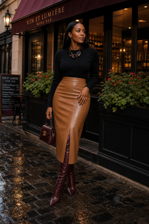 Black Top and Leather Midi Skirt Outfit A woman wears a black long-sleeve top with a caramel leather midi skirt, burgundy pointed knee-high boots, a matching handbag, and a statement necklace.