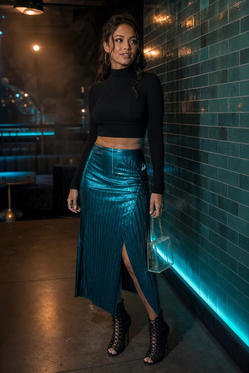 A woman wears a black long-sleeve cropped top with a metallic teal pleated skirt, black lace-up ankle boots, and a small chain-handle bag.