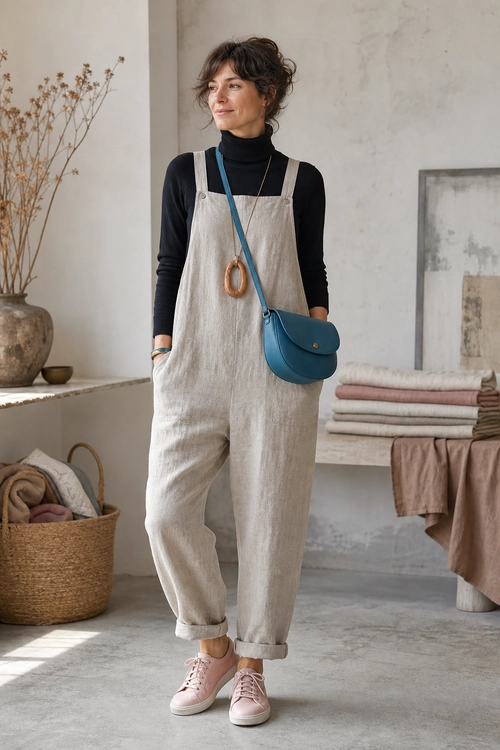 Black Turtleneck with Linen Overalls A relaxed outfit featuring a black turtleneck, light beige overalls, a blue crossbody bag, and pale pink sneakers.