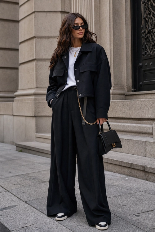 A black utility jacket, white top, wide-leg trousers, sunglasses, sneakers, and a structured handbag styled for a city look.