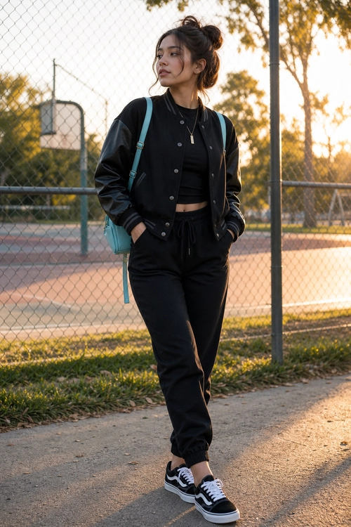 A black varsity jacket, cropped top, jogger pants, and black-and-white sneakers styled with a turquoise backpack.