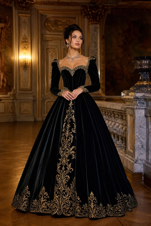 Black Velvet Embroidered Gown A woman wears a full-length black velvet gown with long sleeves, gold embroidery, and a dramatic flared skirt.