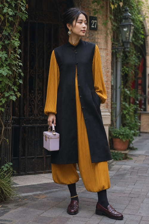 A black sleeveless long vest layered over a mustard pleated top and matching pleated pants, styled with tights, burgundy loafers, and a lavender handbag.