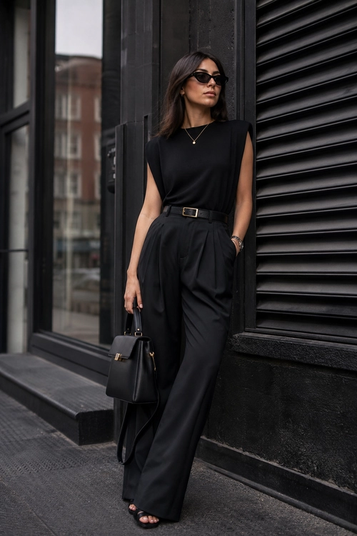 A woman wears a black sleeveless top with high-waisted wide-leg trousers, sunglasses, a belt, handbag, and open-toe sandals.