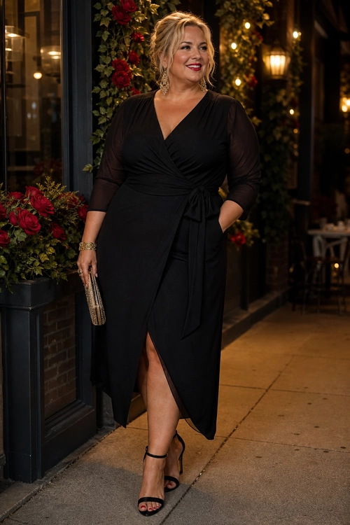 A woman wearing a black wrap dress with sheer sleeves, strappy heels, and a metallic clutch.