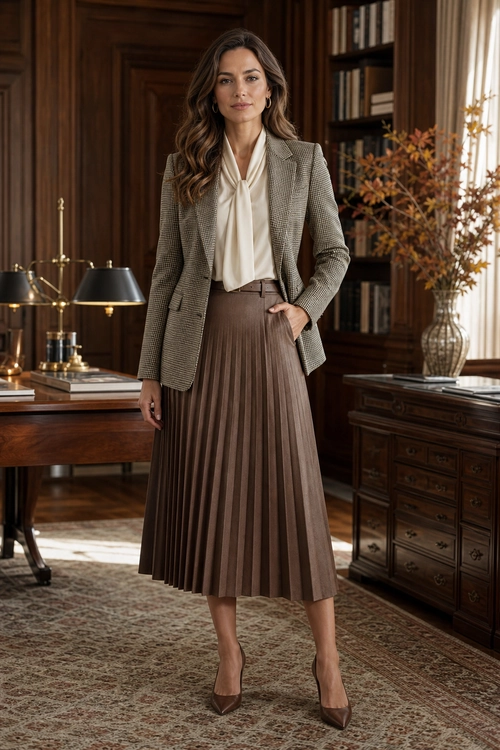 A woman wears a textured blazer over an ivory tie-neck blouse with a brown pleated midi skirt and pointed-toe heels.