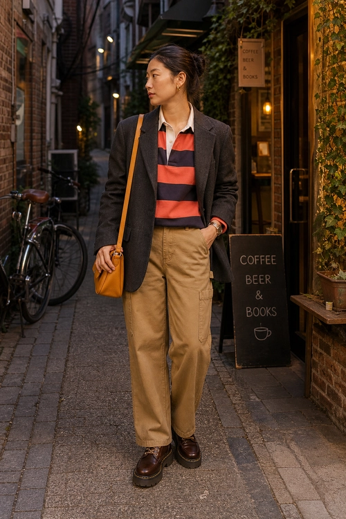 A dark blazer layered over a red, navy, and white striped polo shirt with tan cargo trousers, brown shoes, and a mustard shoulder bag.