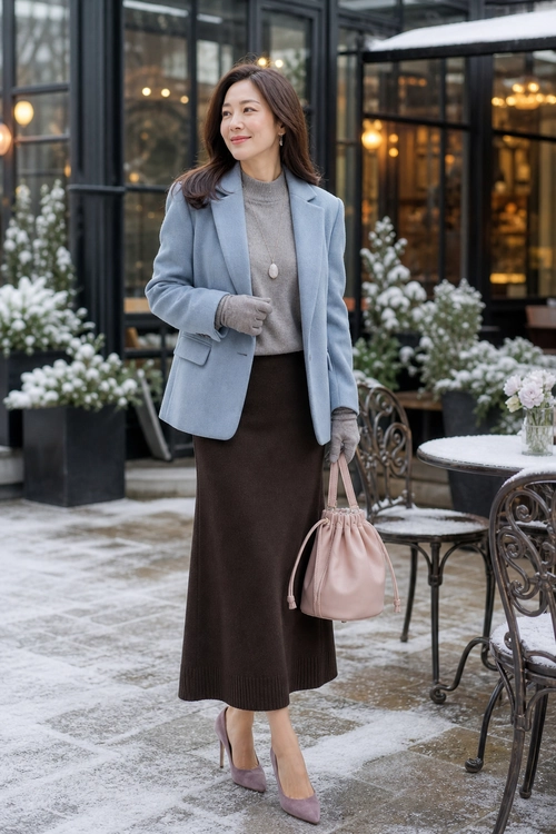 Polished Winter Blazer Outfit A woman wears a light blue blazer over a gray turtleneck sweater with a brown midi skirt, gloves, a pink handbag, and mauve pointed-toe pumps.