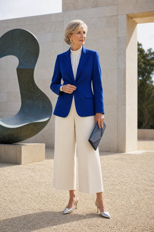 Blue Blazer and Cream Trousers A polished outfit featuring a cobalt blue blazer, white high-neck blouse, cream cropped wide-leg trousers, silver pointed shoes, and a gray clutch.