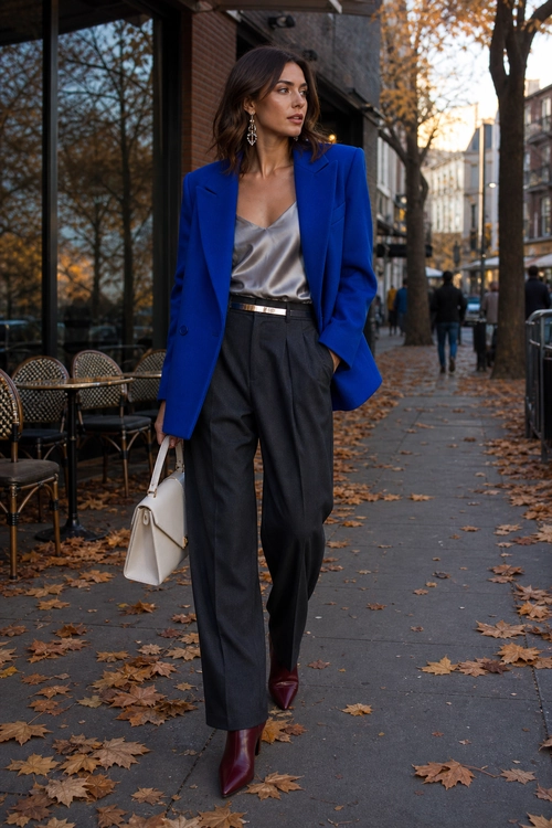 Woman wearing a cobalt blue blazer over a satin camisole with charcoal wide-leg trousers, burgundy ankle boots, and a white handbag.