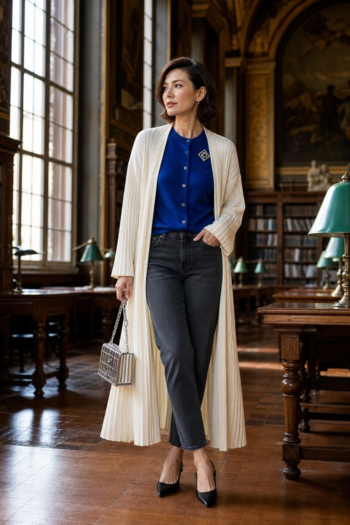 Blue Blouse with Pleated Cream Cardigan A woman wears a blue button-front blouse, long cream pleated cardigan, dark gray jeans, black pointed heels, and carries a small structured handbag.