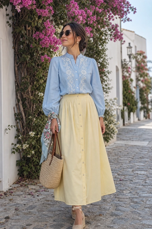 Blue Blouse and Yellow Midi Skirt Outfit Woman wearing a light blue embroidered blouse with a pale yellow button-front midi skirt, woven tote bag, sunglasses, and beige espadrille sandals.