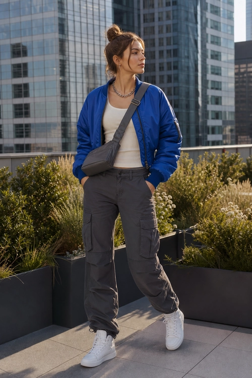 A casual outfit featuring a blue bomber jacket, white tank top, gray cargo pants, white sneakers, a gray crossbody bag, and a chain necklace.