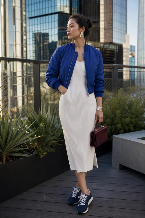 Blue Bomber Jacket with Ribbed Midi Dress A woman wears a blue bomber jacket over a white ribbed midi dress with navy sneakers and carries a burgundy handbag.