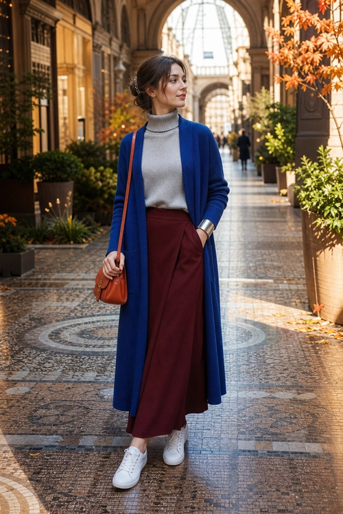 Blue Cardigan and Burgundy Skirt Outfit A woman wears a long blue cardigan over a gray turtleneck with a burgundy midi skirt, white sneakers, and a brown shoulder bag.